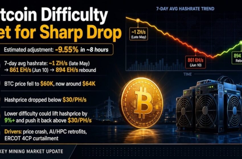  Bitcoin Mining Difficulty Set for Steep Drop as Hashrate Slides After Price Crash – Bitcoin News
