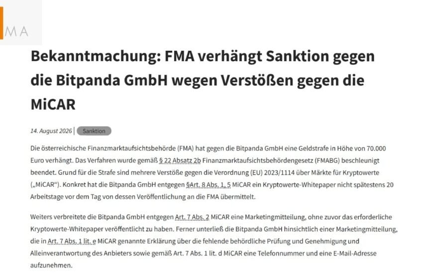 Austria Fines Bitpanda 70,000 Euros in First MiCA Crypto Penalty