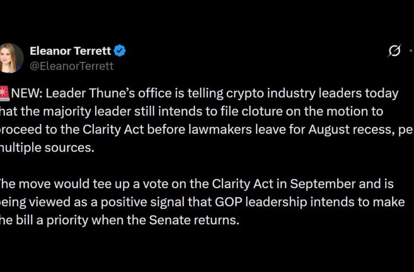  Thune to File Motion to Force September Vote on CLARITY Act