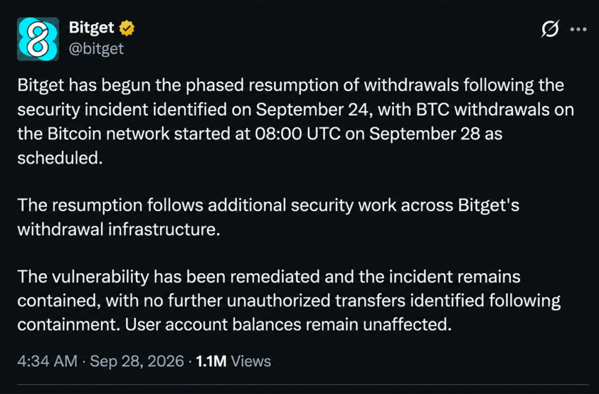  Bitget Restarts Bitcoin Withdrawals as $388M Hack Investigation Widens