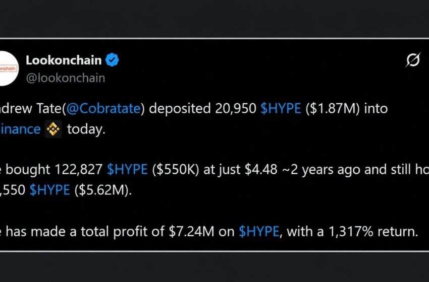  Andrew Tate Lost $727K on Leverage But Made $7M Just Holding HYPE