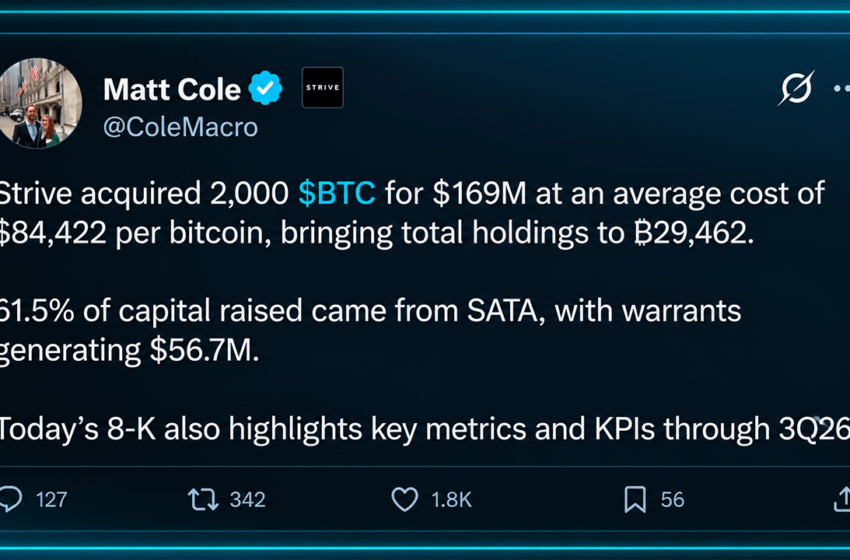  Strive Buys 2,000 Bitcoin as Its Treasury Push Picks up Steam – Bitcoin News